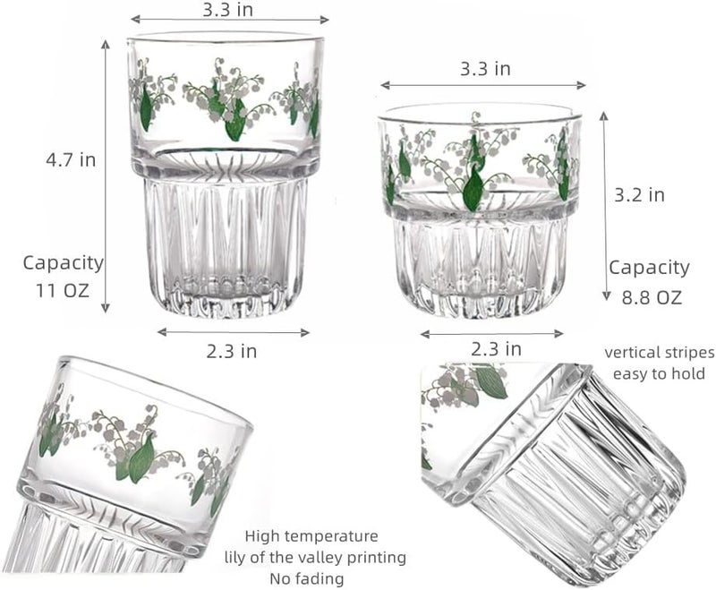 yaocoral Set of 2 Floral Drinking Glasses Cute Tea Cups Lily of the Valley Glass Cups for JuiceIced CoffeeMilkTeaDessertLatteStackable Flower Glassware Drinkware Setgreen - Image 5