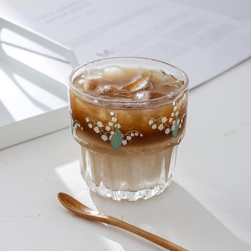 yaocoral Set of 2 Floral Drinking Glasses Cute Tea Cups Lily of the Valley Glass Cups for JuiceIced CoffeeMilkTeaDessertLatteStackable Flower Glassware Drinkware Setgreen - Image 3