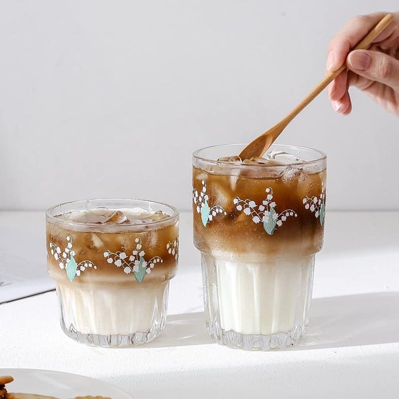 yaocoral Set of 2 Floral Drinking Glasses Cute Tea Cups Lily of the Valley Glass Cups for JuiceIced CoffeeMilkTeaDessertLatteStackable Flower Glassware Drinkware Setgreen - Image 2