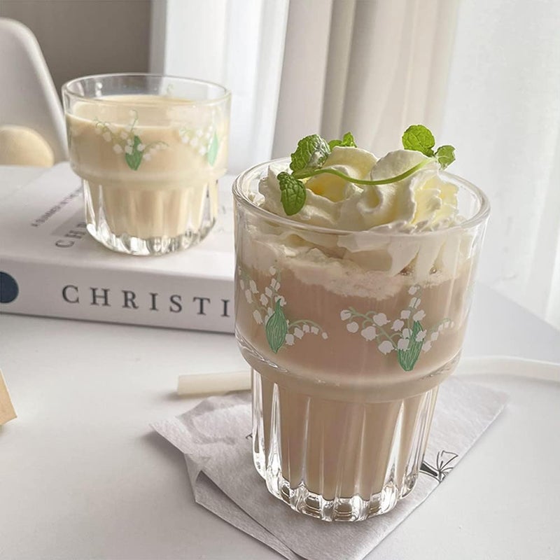 yaocoral Set of 2 Floral Drinking Glasses Cute Tea Cups Lily of the Valley Glass Cups for JuiceIced CoffeeMilkTeaDessertLatteStackable Flower Glassware Drinkware Setgreen - Image 4