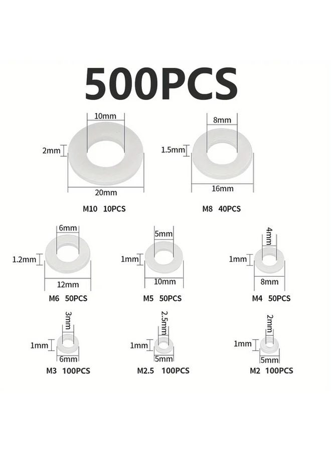 500pcs White Nylon Gasket Set M2 M10 Round Plastic Gaskets High Temperature Insulation - Image 1