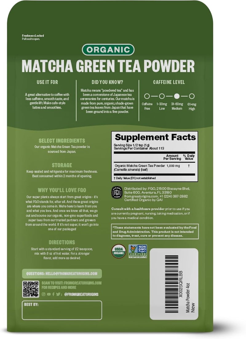 FGO Organic Matcha Green Tea Powder - Japanese Culinary Grade for Cooking, Baking, and Smoothies, 4 Ounce Resealable Bag - Image 3