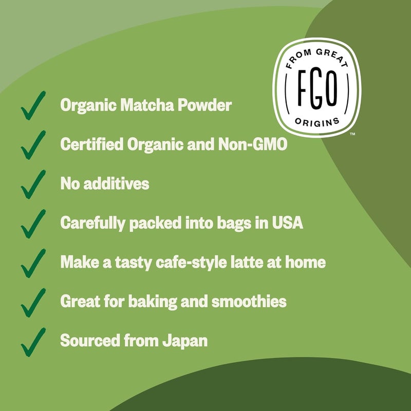 FGO Organic Matcha Green Tea Powder - Japanese Culinary Grade for Cooking, Baking, and Smoothies, 4 Ounce Resealable Bag - Image 4