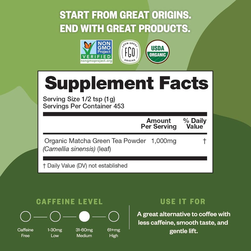 FGO Organic Matcha Green Tea Powder - Japanese Culinary Grade for Cooking, Baking, and Smoothies, 4 Ounce Resealable Bag - Image 2