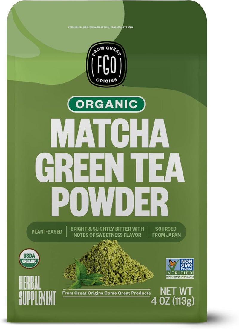 FGO Organic Matcha Green Tea Powder - Japanese Culinary Grade for Cooking, Baking, and Smoothies, 4 Ounce Resealable Bag - Image 1