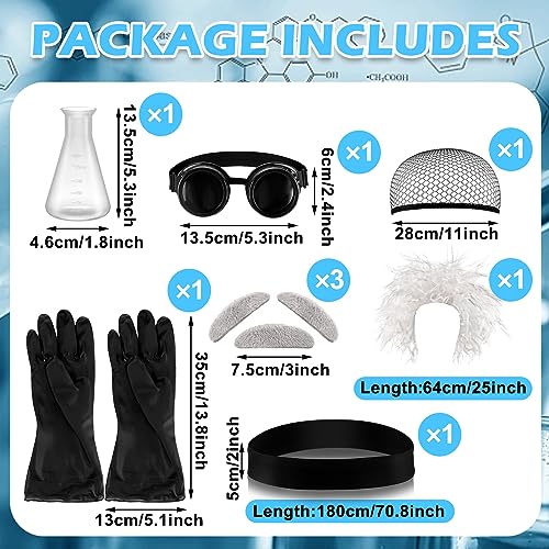 Jiuguva 9 Pcs Halloween Mad Scientist Costume for Adult Men Including Coat Belt Cup Gloves Goggles Wig Mustache Eyebrows(Large) Black - Image 2