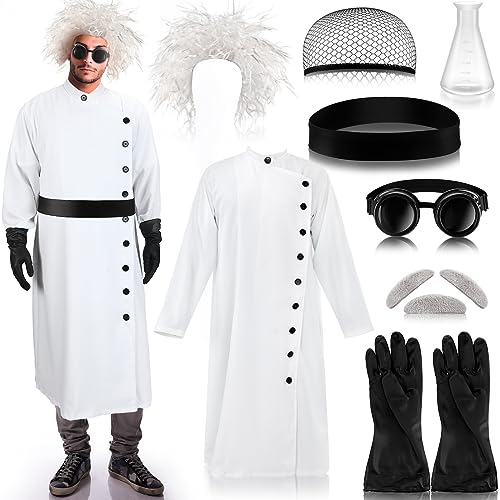Jiuguva 9 Pcs Halloween Mad Scientist Costume for Adult Men Including Coat Belt Cup Gloves Goggles Wig Mustache Eyebrows(Large) Black - Image 1