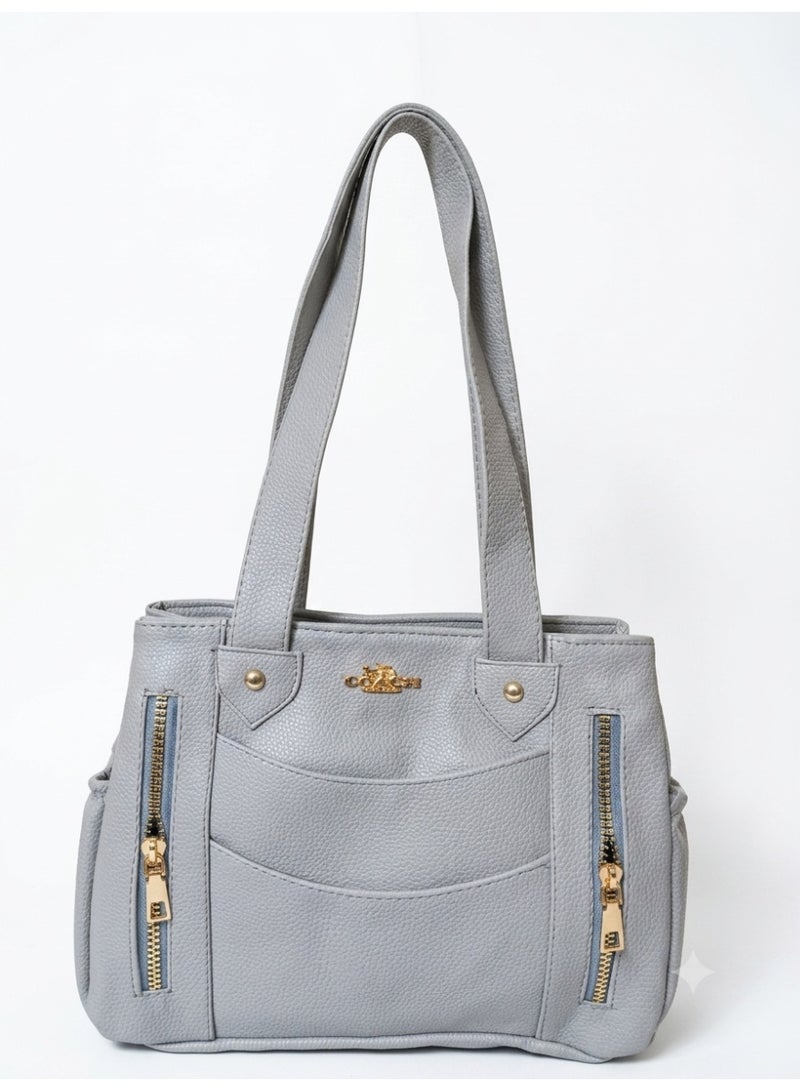 Women's Leather Multi Pocket Handbag with Gold Zippers Elegant Design (Grey)