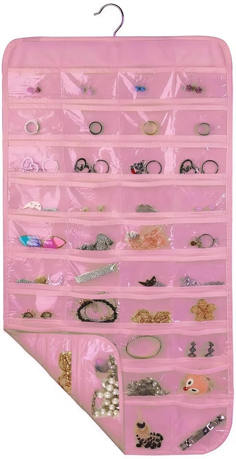 ASFUN Hanging Jewelry Organizer – 56 Double-Sided Pockets for Earrings, Necklaces, Rings & Accessories | Space-Saving Closet Jewelry Storage (Pink) - Image 2