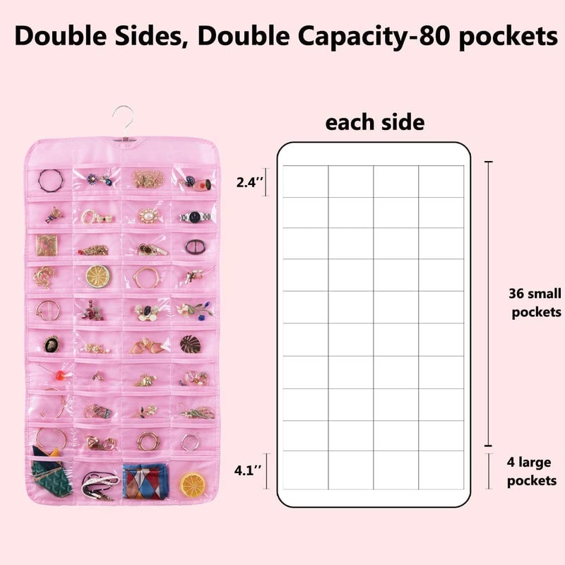ASFUN Hanging Jewelry Organizer – 56 Double-Sided Pockets for Earrings, Necklaces, Rings & Accessories | Space-Saving Closet Jewelry Storage (Pink) - Image 1
