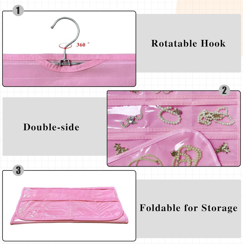 ASFUN Hanging Jewelry Organizer – 56 Double-Sided Pockets for Earrings, Necklaces, Rings & Accessories | Space-Saving Closet Jewelry Storage (Pink) - Image 3