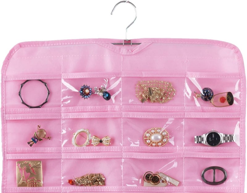 ASFUN Hanging Jewelry Organizer – 56 Double-Sided Pockets for Earrings, Necklaces, Rings & Accessories | Space-Saving Closet Jewelry Storage (Pink) - Image 4