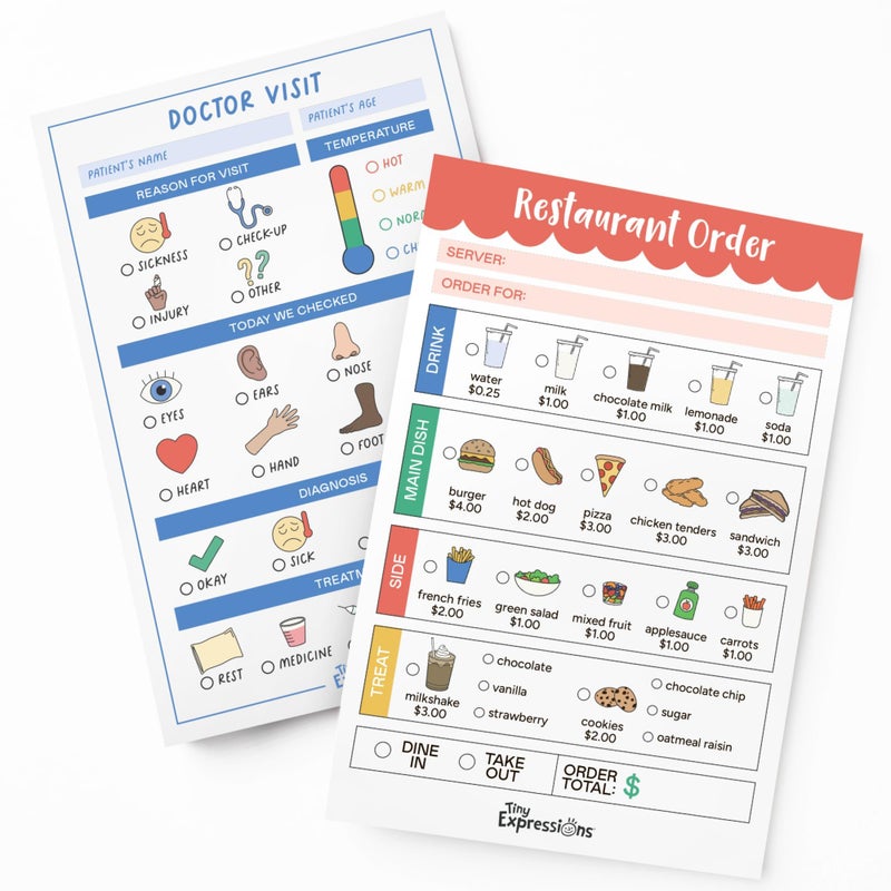 Tiny Expressions Pretend Play Notepads - 2-Pack Kids Play Pads - 40 Pages Order-Taking Restaurant & 40 Pages Doctor Visit Notepad - Waiter and Doctor Imaginative Role Play - Image 1