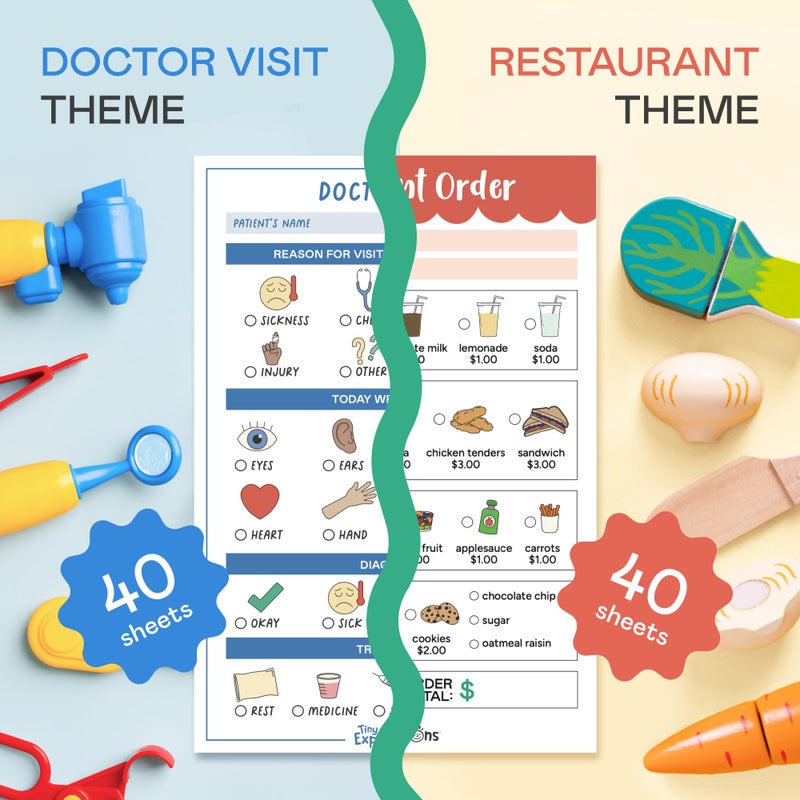 Tiny Expressions Pretend Play Notepads - 2-Pack Kids Play Pads - 40 Pages Order-Taking Restaurant & 40 Pages Doctor Visit Notepad - Waiter and Doctor Imaginative Role Play - Image 2