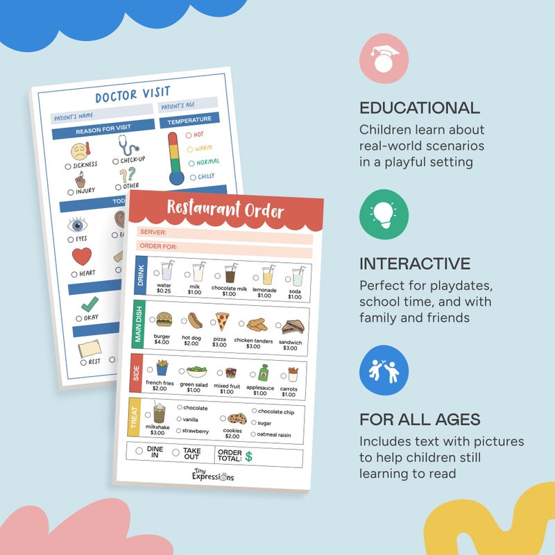 Tiny Expressions Pretend Play Notepads - 2-Pack Kids Play Pads - 40 Pages Order-Taking Restaurant & 40 Pages Doctor Visit Notepad - Waiter and Doctor Imaginative Role Play - Image 4