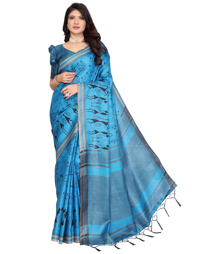 Yashika Women's Art Silk Printed Saree With Blouse Material |saree for Women | Kalamkari Saree | New Sari | Latest Saree (AZ-YS-P1-NASIMA BLUE JHALAR) - Image 5