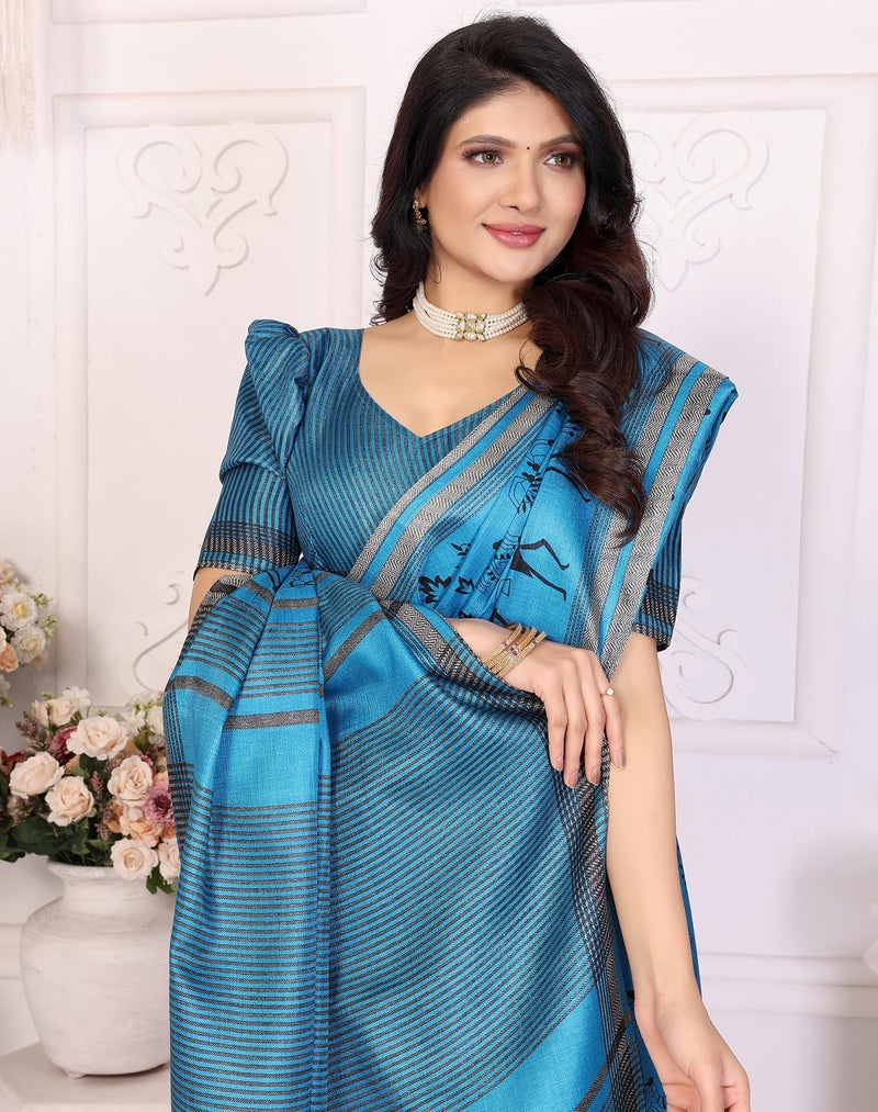 Yashika Women's Art Silk Printed Saree With Blouse Material |saree for Women | Kalamkari Saree | New Sari | Latest Saree (AZ-YS-P1-NASIMA BLUE JHALAR) - Image 2