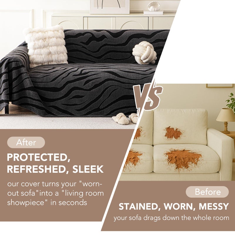KaviKon Non Slip Couch Covers for 3 Cushion, Scratch Resistant Pet Friendly Sofa Couch Covers for Dogs, Sherpa Velvet Protectors Slipcovers, Washable Furniture Covers, 71" x 118", Zebra Wave Grey - Image 4