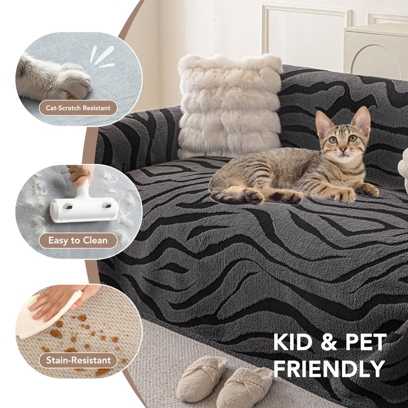 KaviKon Non Slip Couch Covers for 3 Cushion, Scratch Resistant Pet Friendly Sofa Couch Covers for Dogs, Sherpa Velvet Protectors Slipcovers, Washable Furniture Covers, 71" x 118", Zebra Wave Grey - Image 3