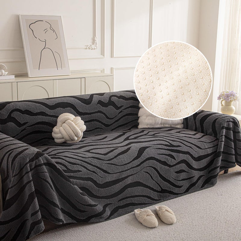KaviKon Non Slip Couch Covers for 3 Cushion, Scratch Resistant Pet Friendly Sofa Couch Covers for Dogs, Sherpa Velvet Protectors Slipcovers, Washable Furniture Covers, 71" x 118", Zebra Wave Grey - Image 1