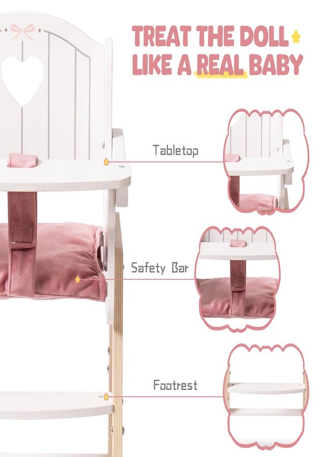 ROBUD Play High Chair, Pretend Play High Chair with Cushion, Movable Table, Wooden Baby Doll Accessories, Fits 18-20 Inch Dolls, White - Image 3