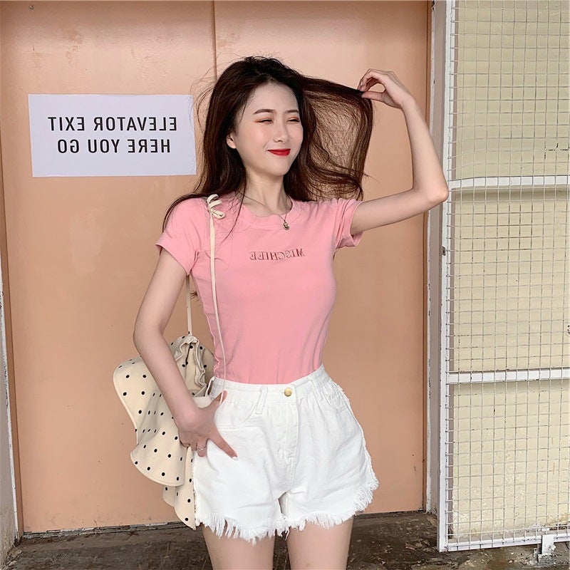 Korean Fashion 2024 Slim Fit Moon Print Tee Letter Pink Letter Pink