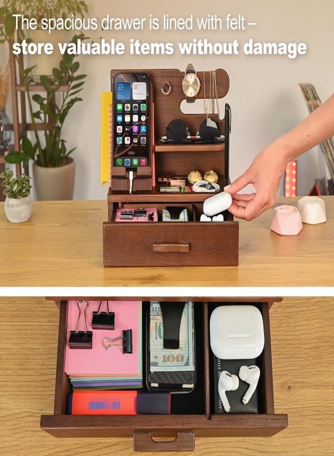 TESLYAR Wood Phone Docking Station with Drawer - Nightstand Organizer - Desk Organizer for Husband - Birthday Gifts for Men, Dad, Anniversary Idea, Key Holder Stand Watch & Accessories (Antique Brown) - Image 2