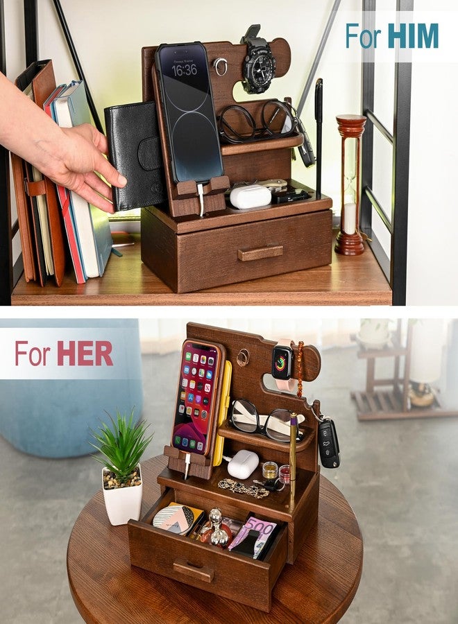TESLYAR Wood Phone Docking Station with Drawer - Nightstand Organizer - Desk Organizer for Husband - Birthday Gifts for Men, Dad, Anniversary Idea, Key Holder Stand Watch & Accessories (Antique Brown) - Image 4