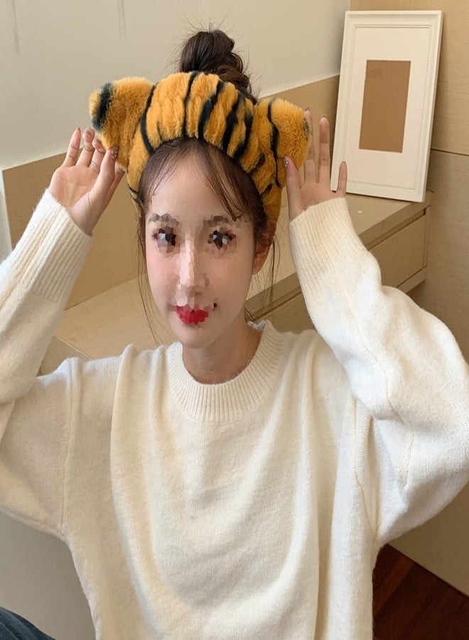 luzen 2Pcs Lovely Tiger Print Headbands Soft Plush Washing Face Facial Mask Skincare Makeup Hair Bands Elastic Spa Shower Yoga Sports Headband Headwraps Hair Accessories for Women - Image 4