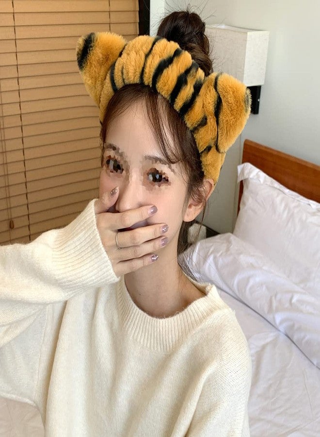 luzen 2Pcs Lovely Tiger Print Headbands Soft Plush Washing Face Facial Mask Skincare Makeup Hair Bands Elastic Spa Shower Yoga Sports Headband Headwraps Hair Accessories for Women - Image 3