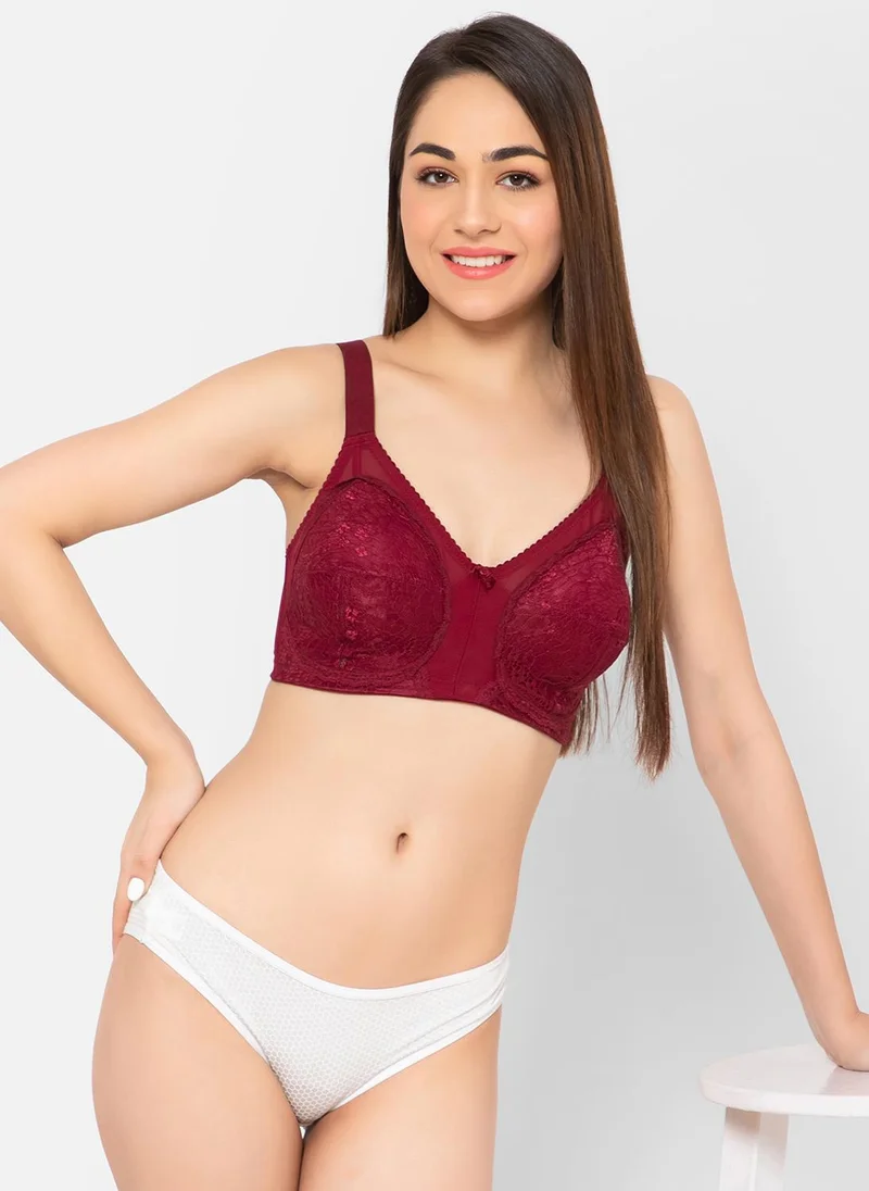 Clovia Clovia Non-Padded Non-Wired Full Coverage Minimizer Bra in Maroon - Lace