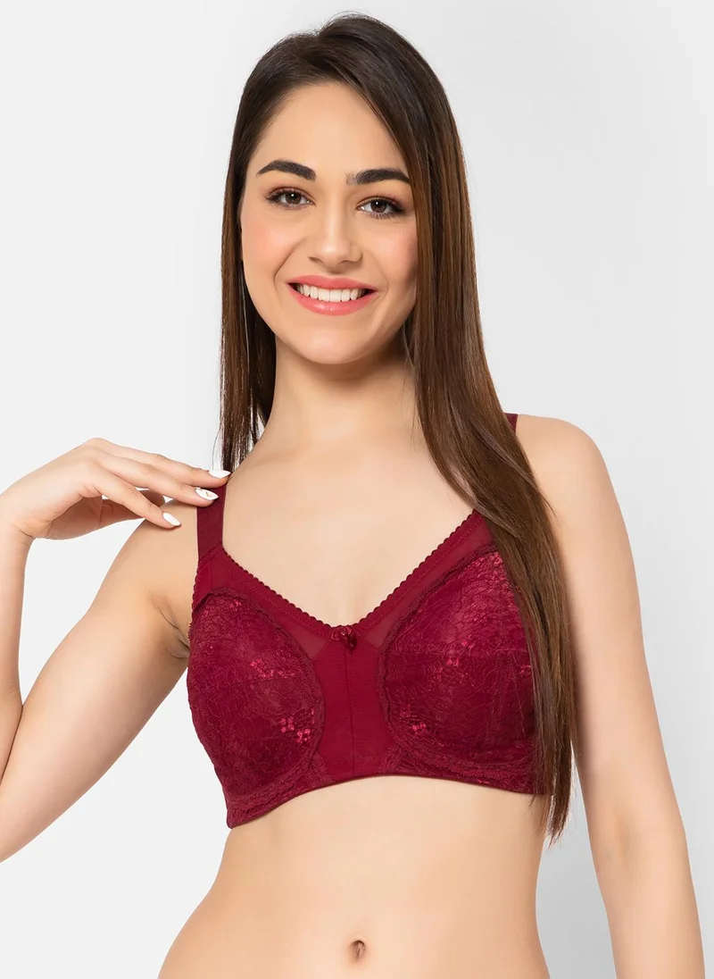 Clovia Clovia Non-Padded Non-Wired Full Coverage Minimizer Bra in Maroon - Lace