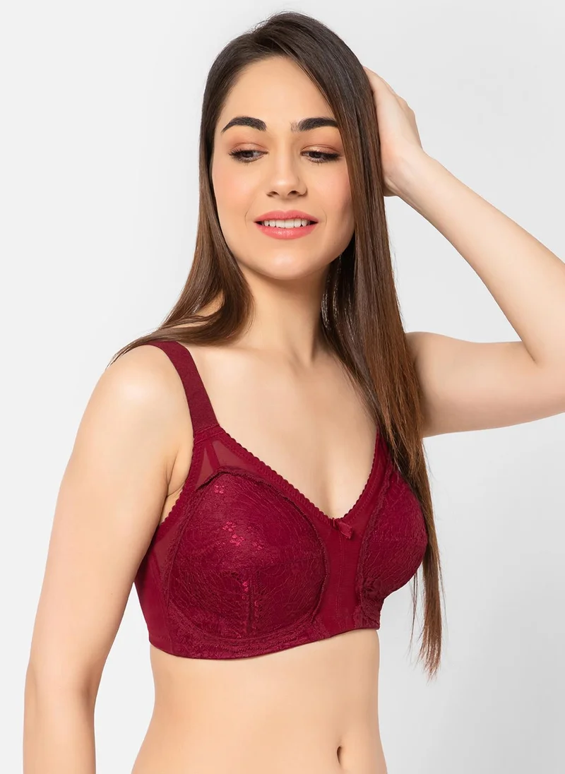 Clovia Clovia Non-Padded Non-Wired Full Coverage Minimizer Bra in Maroon - Lace
