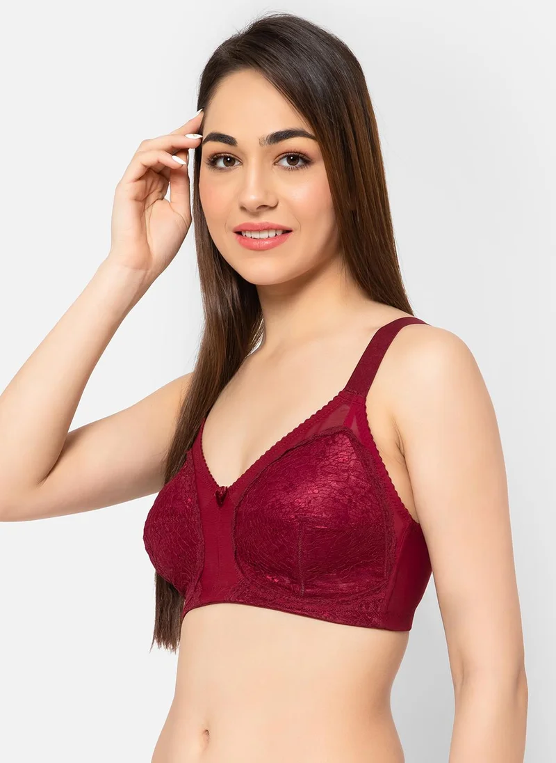 Clovia Clovia Non-Padded Non-Wired Full Coverage Minimizer Bra in Maroon - Lace