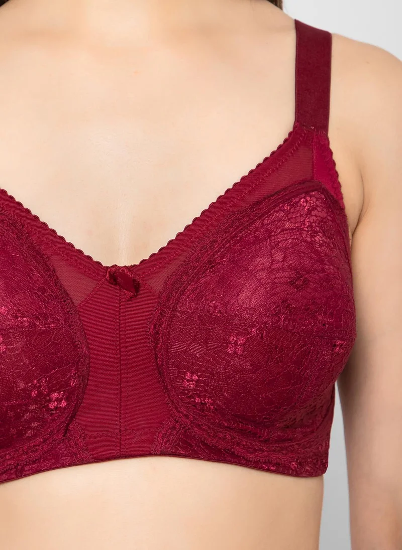 Clovia Clovia Non-Padded Non-Wired Full Coverage Minimizer Bra in Maroon - Lace