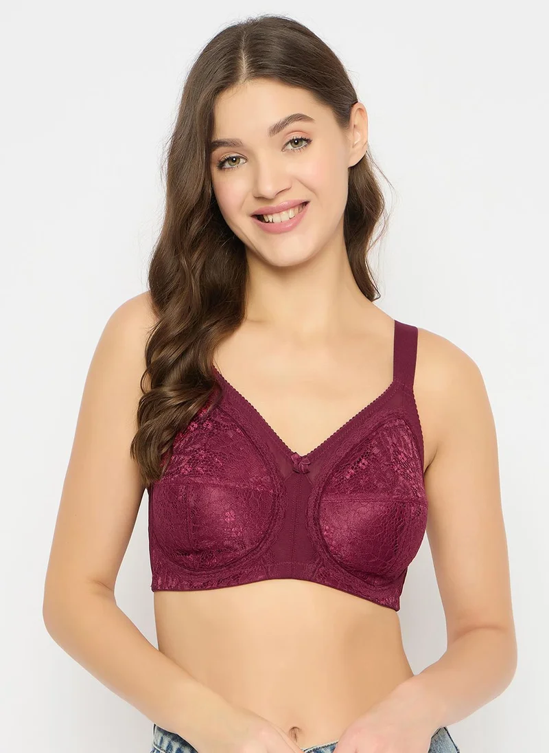 Clovia Clovia Non-Padded Non-Wired Full Coverage Minimizer Bra in Maroon - Lace