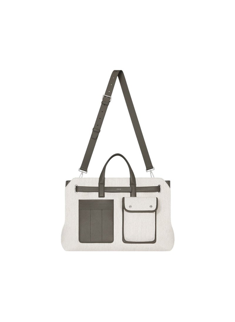 Tote Bag in herringbone cotton canvas , structured tote featuring an open compartment, internal pockets, leather handles, removable strap, and elegant silver-finish hardware. - Image 1