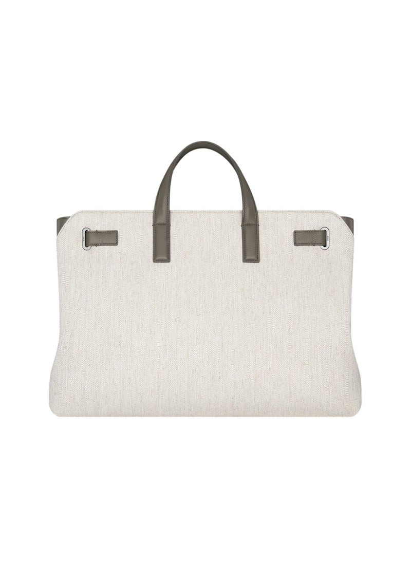 Tote Bag in herringbone cotton canvas , structured tote featuring an open compartment, internal pockets, leather handles, removable strap, and elegant silver-finish hardware. - Image 2