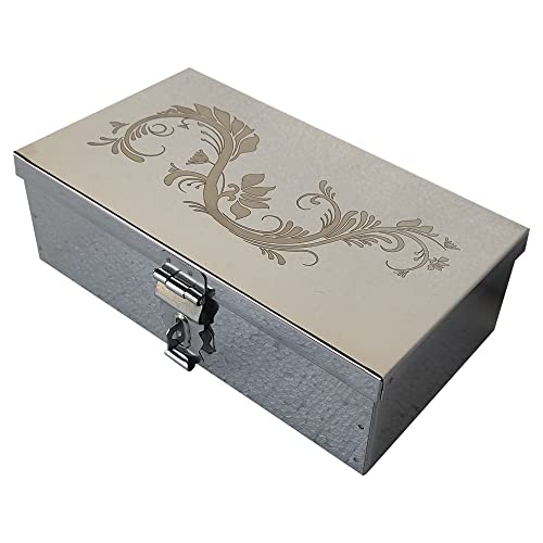 GinoSet® Stainless Steel Storage Boxes,Cash Peti, Pooja Peti,Organizer, Vanity Box, Safe Locker Box 8 inch Storage Box (Steel) W-20.5 cm, H-6.5 cm, L-12.8 cm (With Laser Print Design) (Small) - Image 3