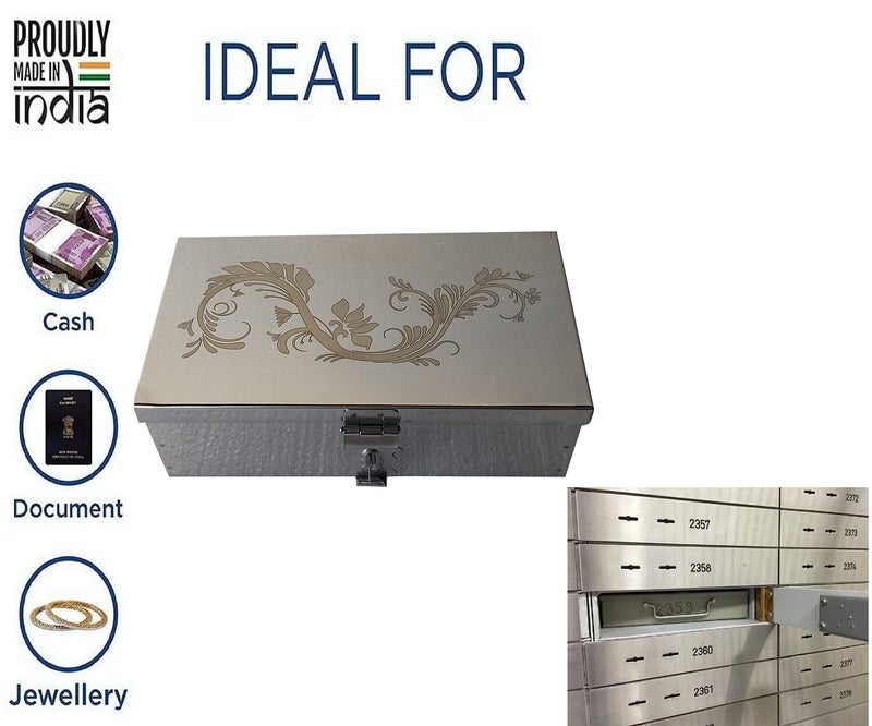 GinoSet® Stainless Steel Storage Boxes,Cash Peti, Pooja Peti,Organizer, Vanity Box, Safe Locker Box 8 inch Storage Box (Steel) W-20.5 cm, H-6.5 cm, L-12.8 cm (With Laser Print Design) (Small) - Image 2