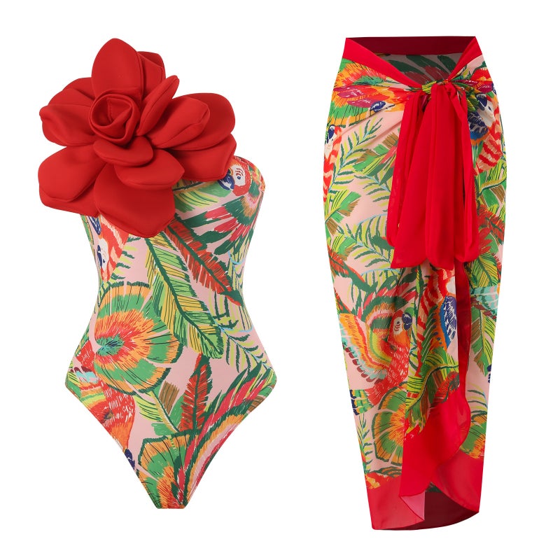 [ ] Multi-Color Conjoined Three-Dimensional Large Flower Tube Chest Slim Triangle Two-Piece Wrap Skirt - Image 4