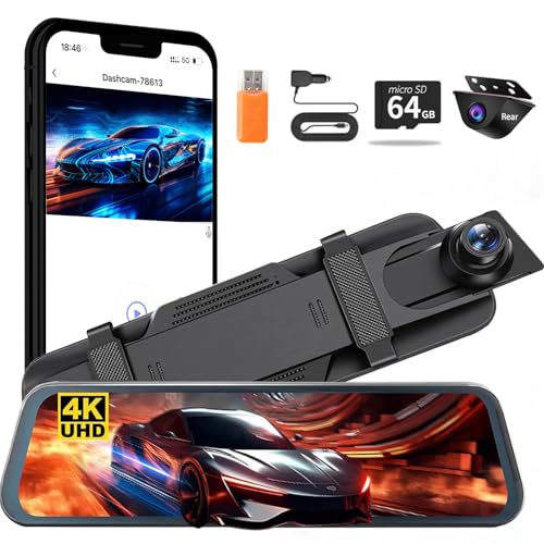 QOZ Mirror Dual Dash Camera for Car, Dashcam 4K Front 1080P IMX307 Rear View/ADAS BSD LCA Wi-Fi&APP WDR Night Vision G-Sensor Loop Recording Parking Monitor 64GB Card - Image 1