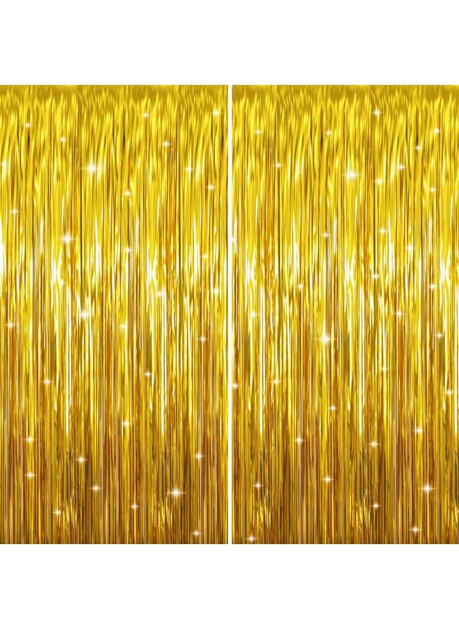 GOER 6.4 Ft X 9.8 Ft Metallic Tinsel Foil Fringe Curtains Pack Of 2 Party Streamer Backdrop For Birthday Graduation Decorations And New Year Eve (Gold)  - Image 1
