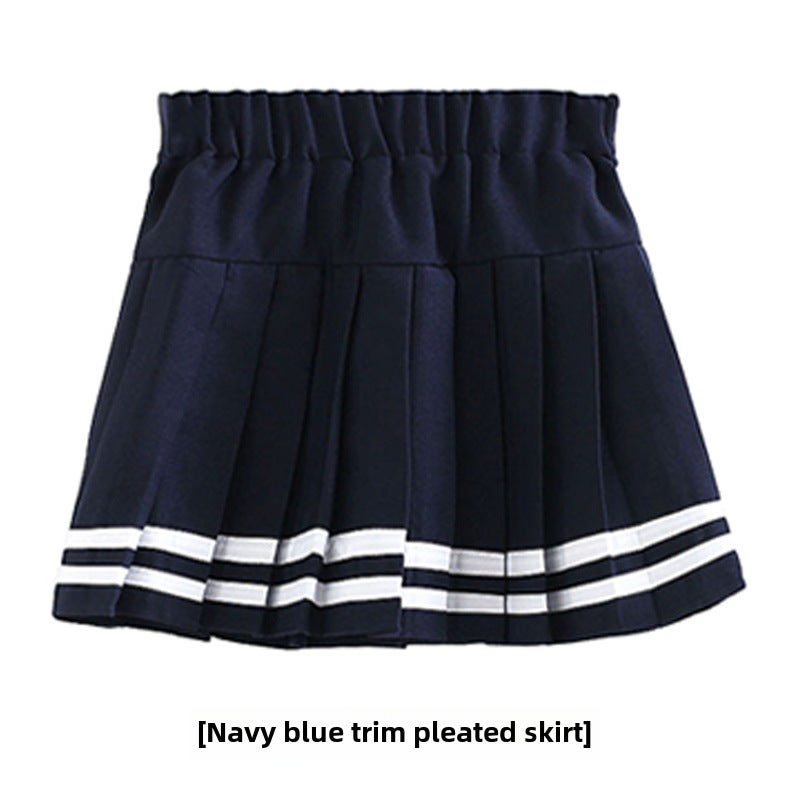 Girls Pleated Skirt Uniform Summer School Style navy blue trim 