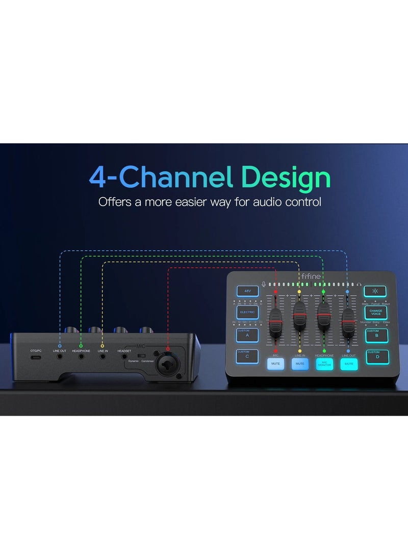 FIFINE - FIFINE Gaming Audio Mixer Streaming 4 Channel RGB Mixer with XLR Microphone Interface for Game Voice Podcast AmpliGame SC3 - Image 1