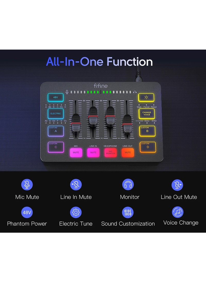 FIFINE - FIFINE Gaming Audio Mixer Streaming 4 Channel RGB Mixer with XLR Microphone Interface for Game Voice Podcast AmpliGame SC3 - Image 1