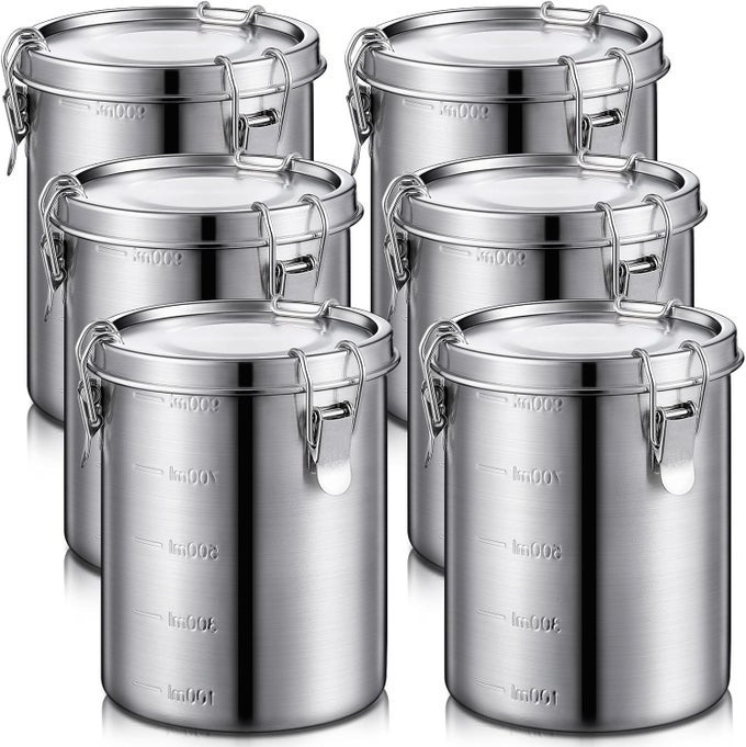 6 PACK 34 OZ STAINLESS STEEL CANISTERS SET STAINLESS STEEL AIRTIGHT FOOD STORAGE CONTAINERS METAL CONTAINERS WITH LIDS SEALED FOR TEA COFFEE SUGAR FLOUR BAKING PANTRY KITCHEN COUNTER 34 OZ