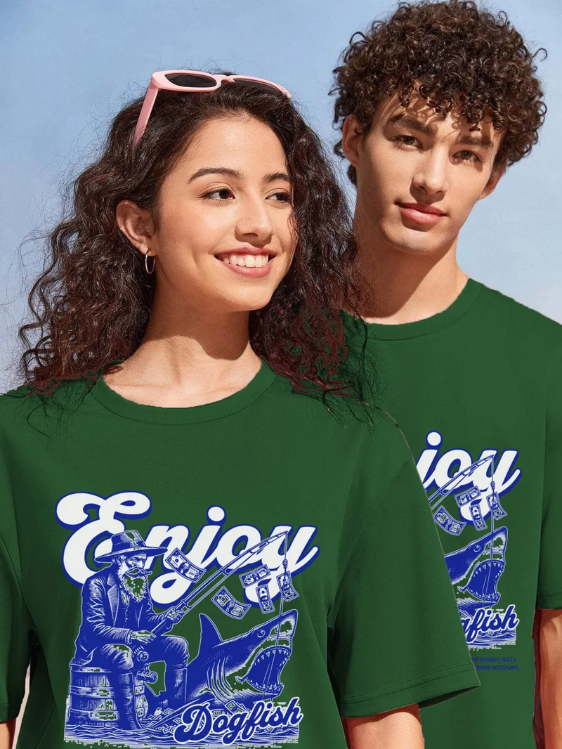 DogFish Couple Lover Combination Oversize Enjoy Your Life Design Printed T-Shirt 2-Pack