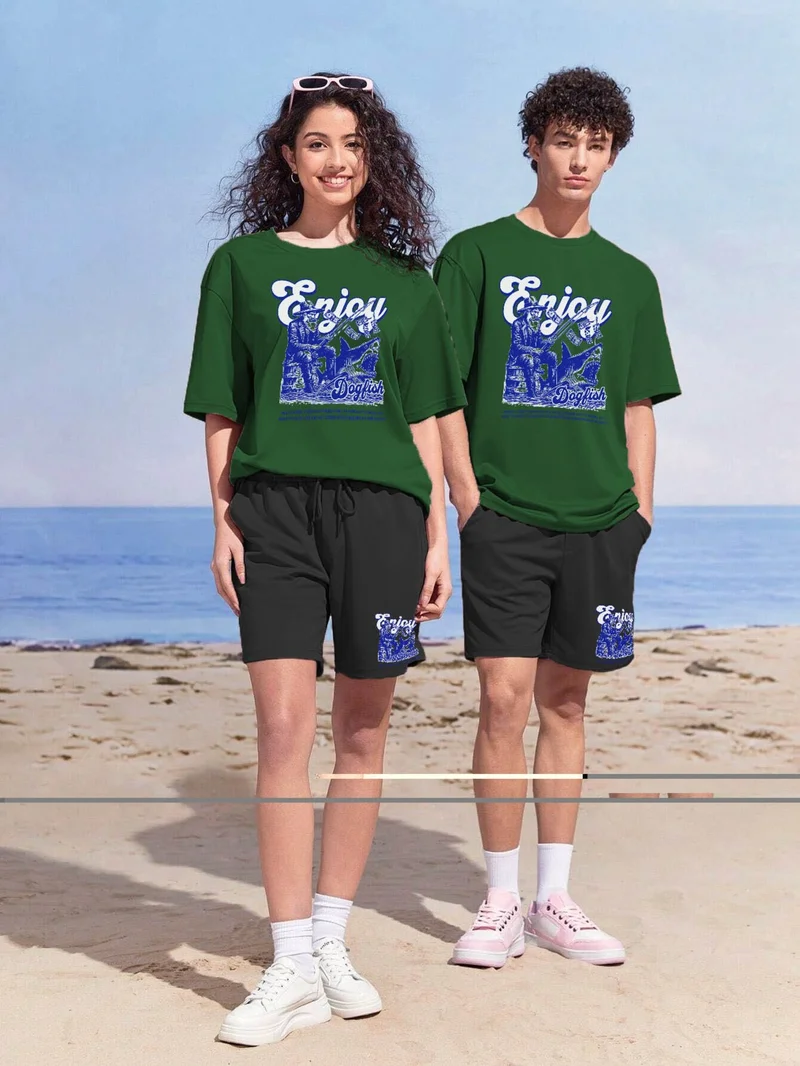 DogFish Couple Lover Combination Oversize Enjoy Your Life Design Printed T-Shirt 2-Pack