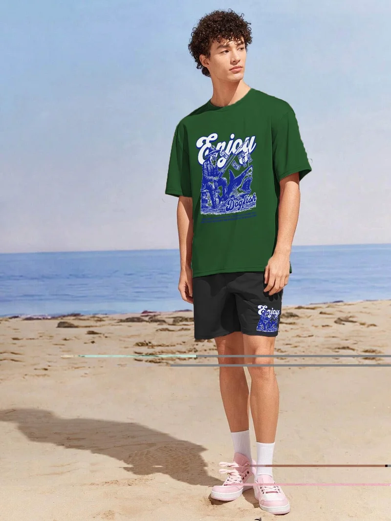 DogFish Couple Lover Combination Oversize Enjoy Your Life Design Printed T-Shirt 2-Pack